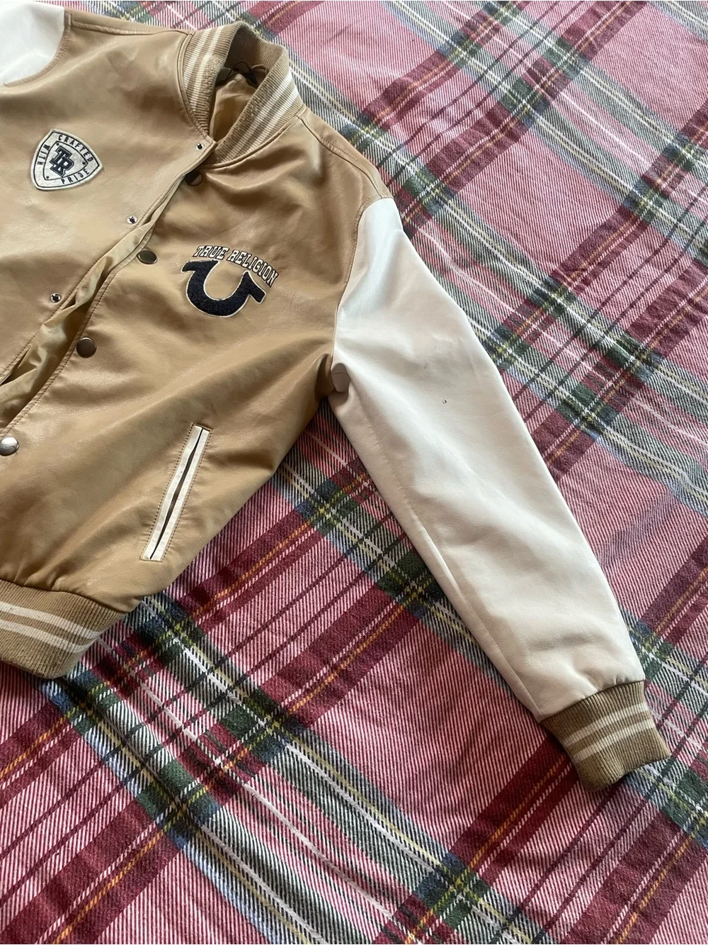 True Religion Tan and White Varsity Jacket